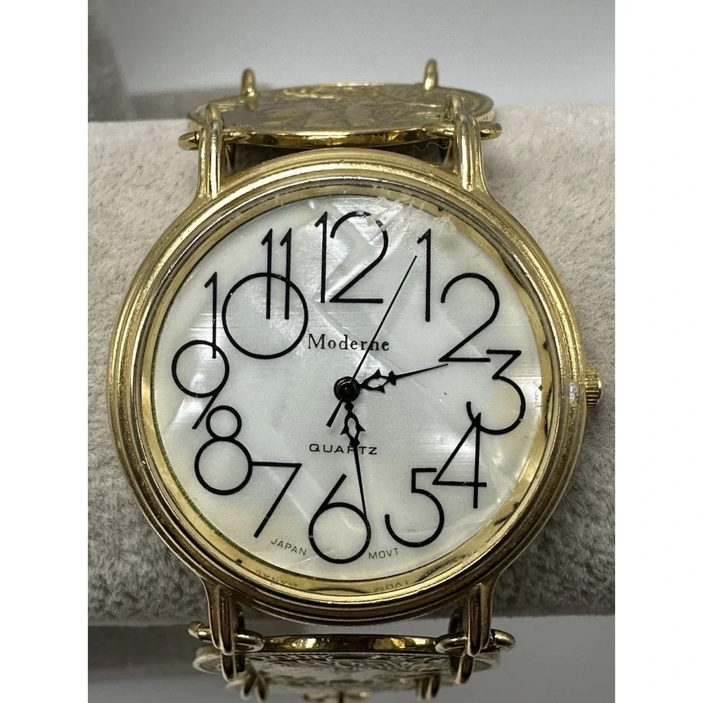 Moderne Faux French Gold Coin Ladies MOP Watch New Battery 37MM 7.5